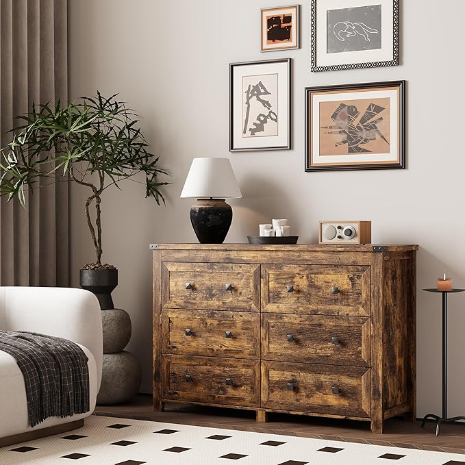 Dresser for Bedroom with 6 Drawers, Farmhouse Wood Chest of Drawers, Wide TV Stand Closet Storage Furniture with Metal Handle, Modern Clothes Organizer for Hallway, Living Room, Entryway, Brown