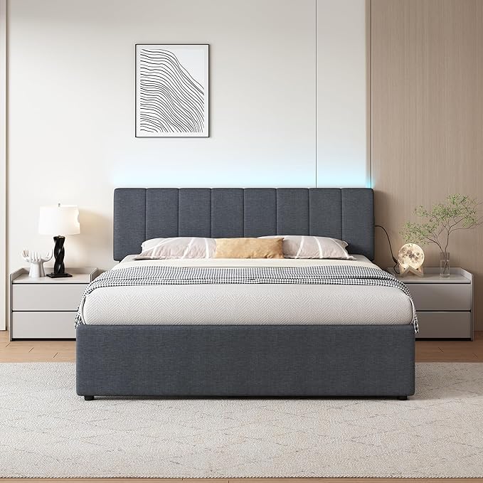 Queen Size Upholstered Platform Bed with Trundle and 1 Sets of USB, Linen Fabric Full and Twin Double Bed w/LED Lights with APP for Bedroom,Dark Gray