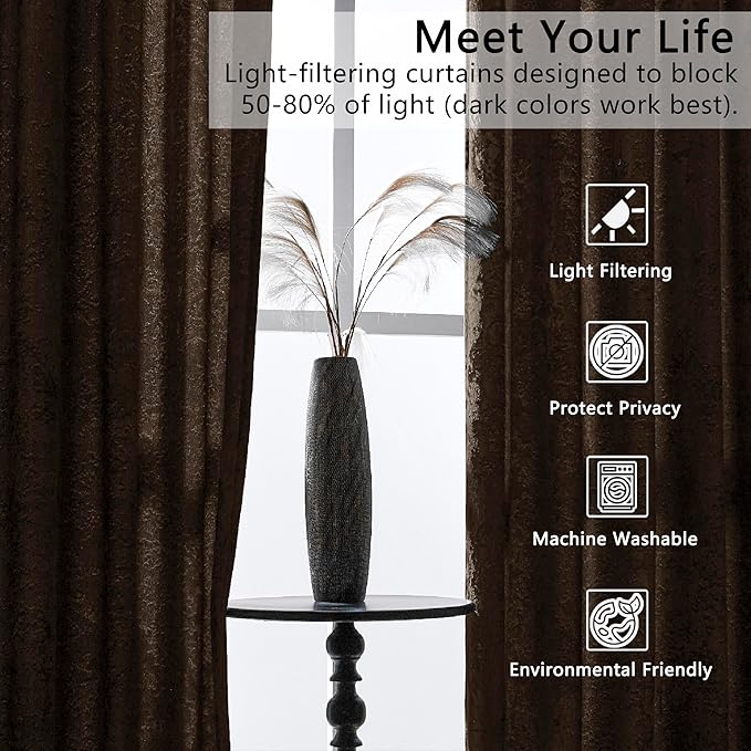 SMILETIME Chocolate Crushed Velvet Curtains 52x108inch Rod Pocket Luxurious Thermal Insulated Soundproof Drapes Soft and Durable Light-Filtering Window Treatments for Living Room Bedroom, 2 Panels