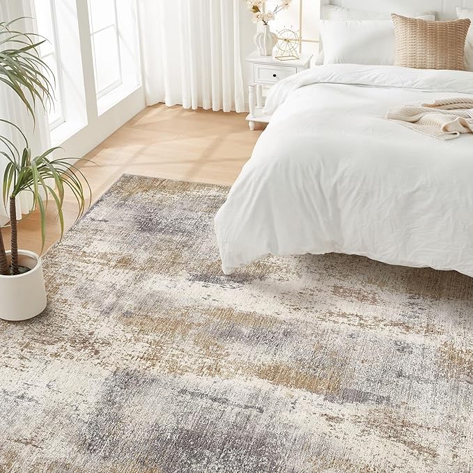 Area Rug Living Room Rugs - 6x9 Washable Soft Indoor Neutral Modern Abstract Low Pile Rug Carpet for Bedroom Dining Room Farmhouse Home Office - Brown Grey