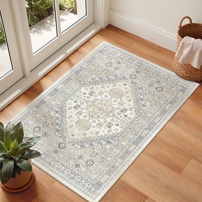 zesthome 2x3 Entryway Rug, Soft Washable Rugs, Non Slip Area Rug, Stain Resistant Low Pile Rugs for Bedroom, Vintage Rug for Door Mat, Kitchen (Beige,2'x3')