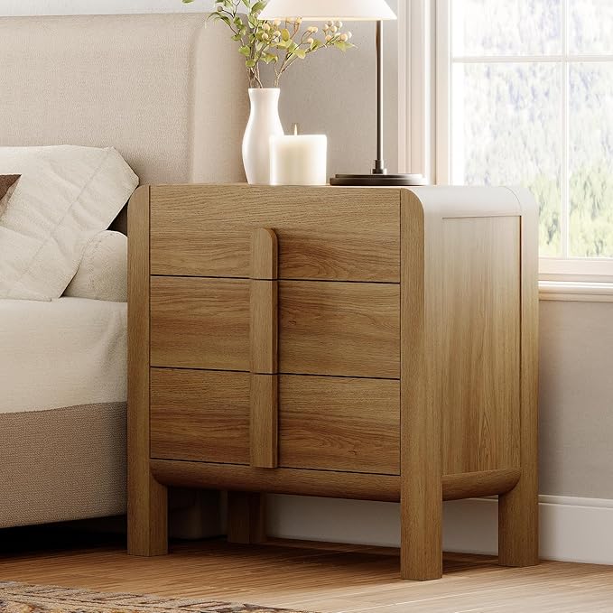 WAMPAT Modern 3-Drawer Nightstand Set of 2, 31.5" Tall Nightstand End Table w/Curved Profile Design,Wooden Dresser with Large Chest of Drawers,Bed Side Table for Bedroom,Living Room, Light Walnut