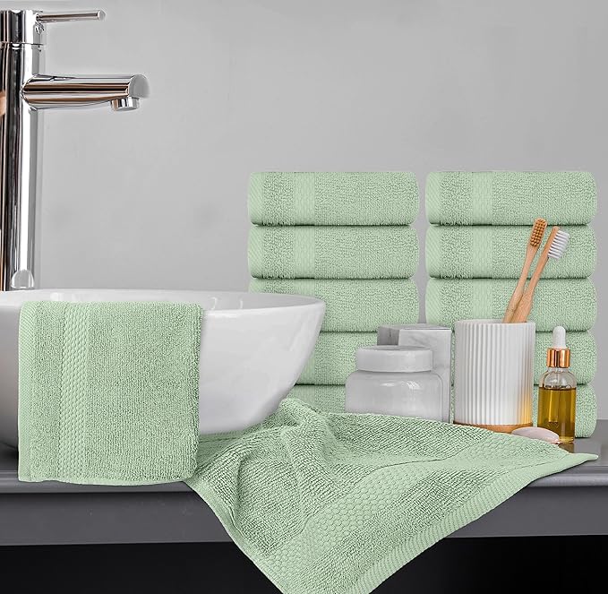 White Classic Luxury Cotton Washcloths 13x13 Inch - 650 GSM Turkish Cotton | Hotel, Spa, Bathroom Face Towel | 12 Pack, Light Green