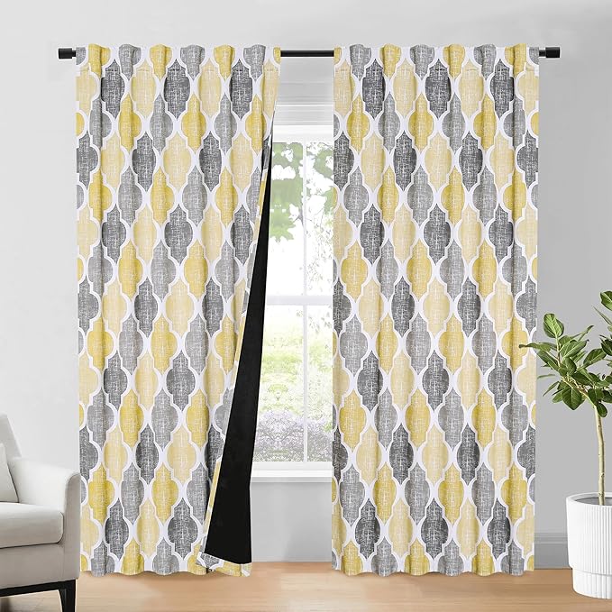 Beauoop 100% Blackout Curtains 96 Inches Long 2 Panels for Bedroom Living Room Yellow Grey Moroccan Geo Room Darkening Thermal Insulated Soundproof Rod Pocket Back Tab Window Treatments Drapes, 50x96