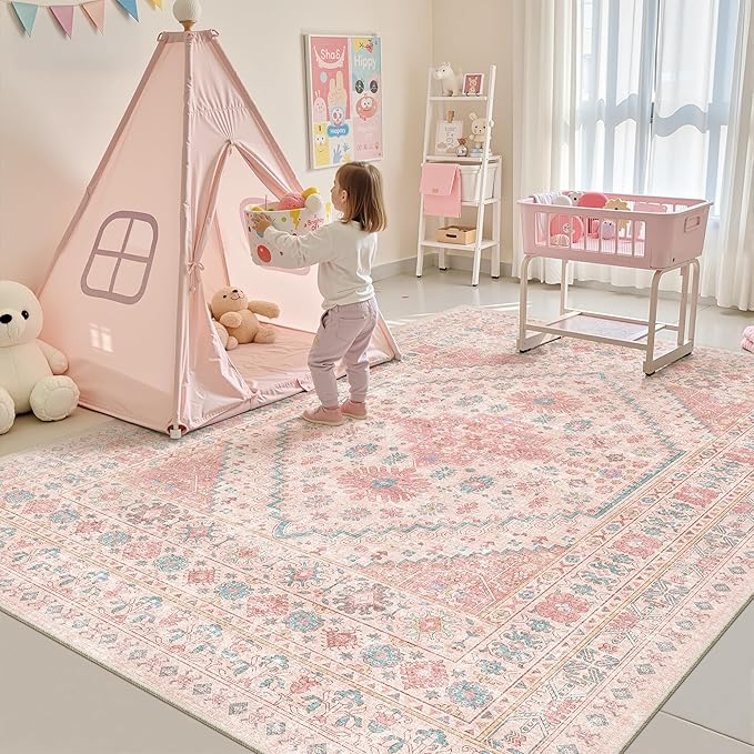 zesthome 7x9 Washable Rugs for Baby Girl, Super Soft Pink Rugs for Nursery Room, Non-Slip Stain Resistant Bedroom Rug, Ultra-Thin Large Area Rug (Pink/Blue,7'x9')
