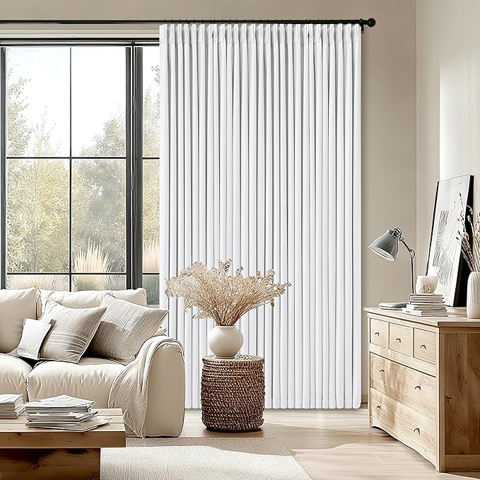 White 80 Inch Pinch Pleated Black Out Curtains 2 Panel Set for Living Room Pinch Pleat Linen Drapes with Liner 80 Inches Long 100% Blackout Light Blocking Energy Saving Curtain for Dining Bedroom