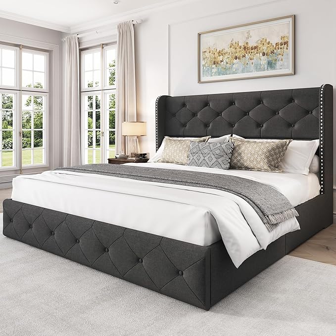 LARMACE Full Size Bed Frame with 4 Storage Drawers and Wingback Headboard Linen Upholstered Platform Bed Frame Tufted Beds with Wooden Slats Support, Easy Assembly, Dark Grey
