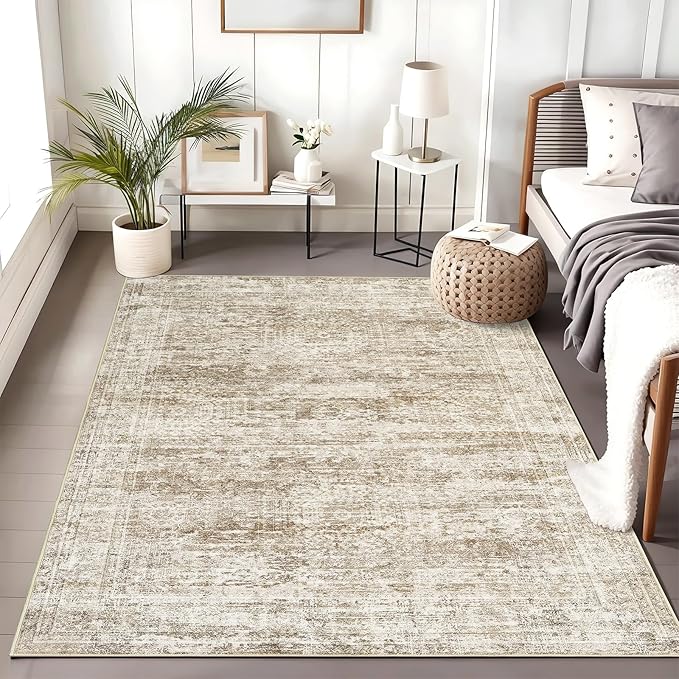 3x5 Rug, Small Area for Kitchen, Entryway, Machine Washable Non-Slip Throw Rug, Vintage Carpet for Nursery Coffee Table Brown