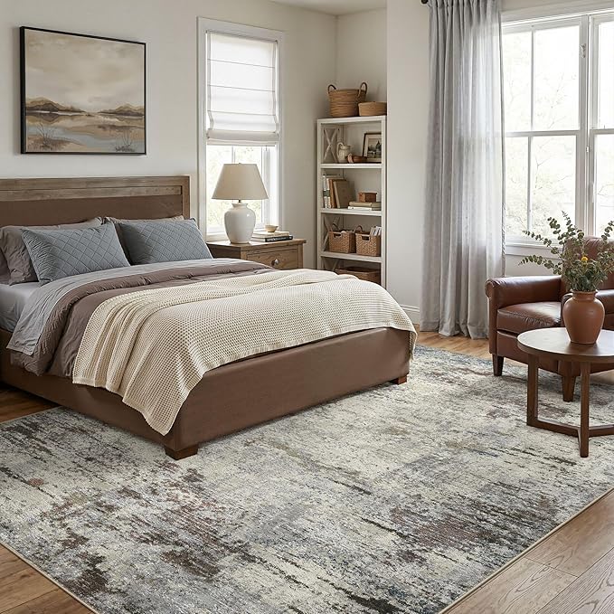 Area Rug Living Room Rugs - 10x12 Washable Large Soft Indoor Neutral Modern Abstract Low Pile Rug Carpet for Bedroom Dining Room Farmhouse Home Office - Brown Rust