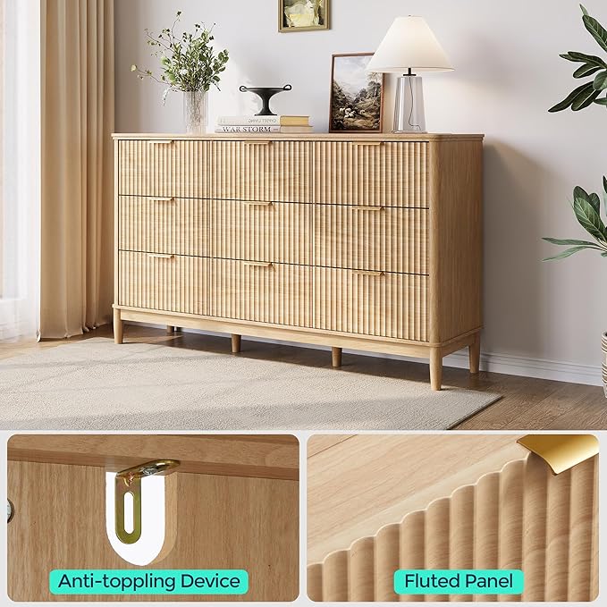 LINSY Fluted Dresser for Bedroom with 9 Drawers, Mid Century Modern Chest of Drawers with Gold Metal Handles, Wide Boho Wood Dressers, Large Farmhouse Storage Cabinet for Bedroom, Living Room, Oak
