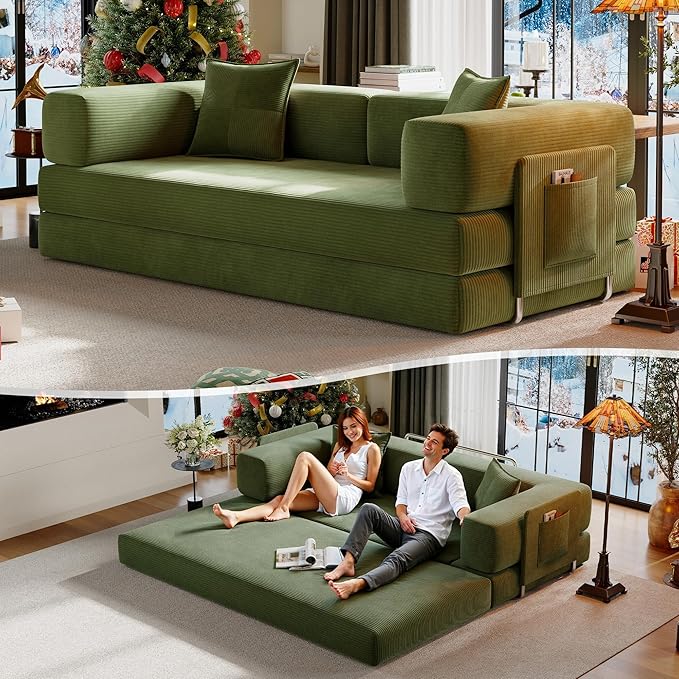 78.8" Convertible Sofa Bed,Corduroy Futon Couch with Storage Pocket,Folding Pull Out Futon Sofa,No Assembly Boneless Couch for Living Room,Green
