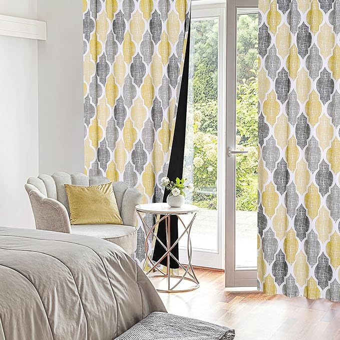 Beauoop 100% Blackout Curtains 63 Inches Long 2 Panels for Bedroom Living Room Yellow Grey Moroccan Geo Room Darkening Thermal Insulated Soundproof Rod Pocket Back Tab Window Treatments Drapes, 50x63