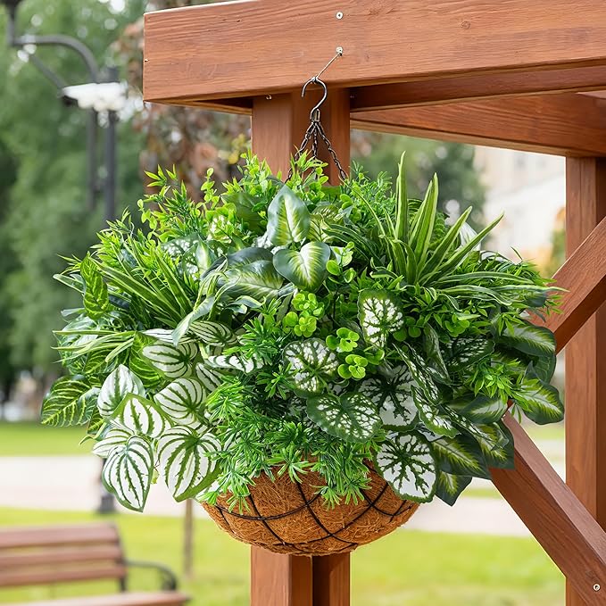 Artificial 20pcs Bunches Greenery Plants Fake Plastic Leaves with Stems UV Resistant Outside Faux Plants Bushes for Outdoor Patio Garden Front Porch Yard Decor