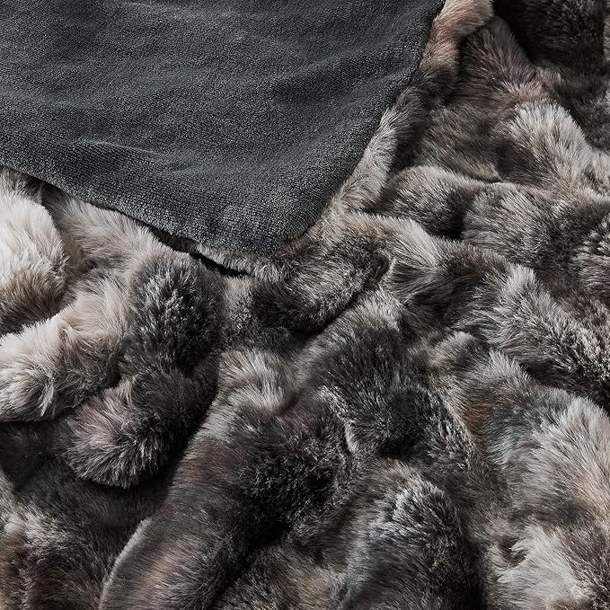 Fluffy Throw Blanket - Luxury Faux Rabbit Fur, Soft, Warm, Cozy & Fuzzy - Tie-Dyed Purple Dark Grey (King Size 108''x90'')