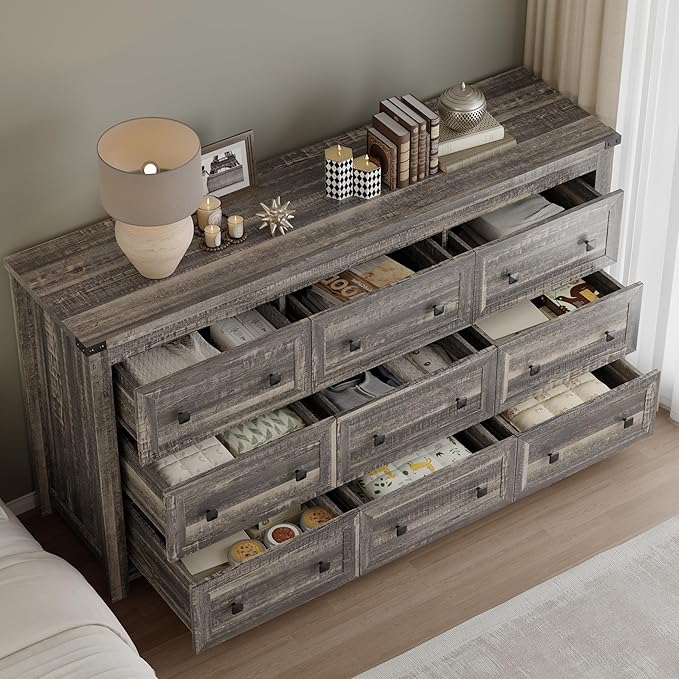 9-Drawer Dresser, Modern Wooden Storage Chest of Drawers, Dresser TV Stand, Wood Drawer Organizer with Metal Handles for Bedroom, Living Room, Hallway