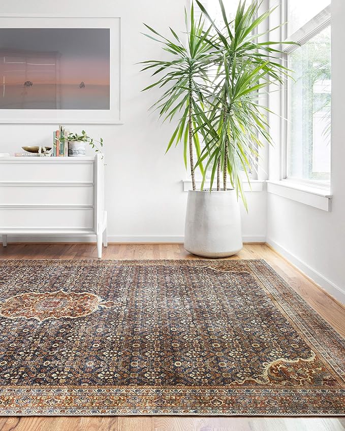 Loloi Layla Collection LAY-09 Cobalt Blue/Spice 2'-0" x 5'-0" .13" Thick Accent Rug, Soft, Durable, Vintage Inspired, Distressed, Low Pile, Non-Shedding, Easy Clean, Printed, Living Room Rug