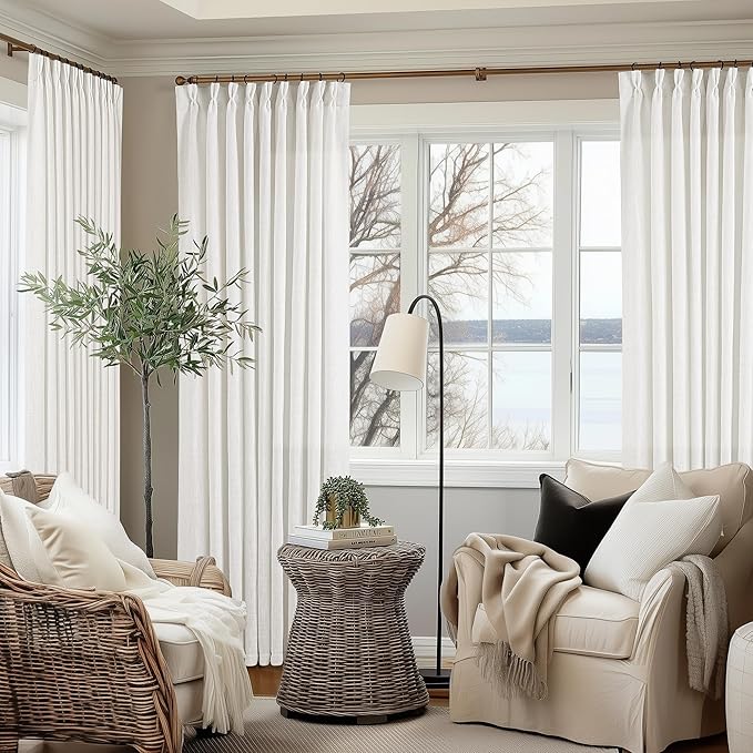 Pinch Pleated Linen 120 Inch Curtains 60 Inch Width for Living Room Light Filtering Ivory Beige White Extra Wide Patio Curtains for Sliding Door Balcony Floor Ceiling Picture Window 60x120 1 Panel
