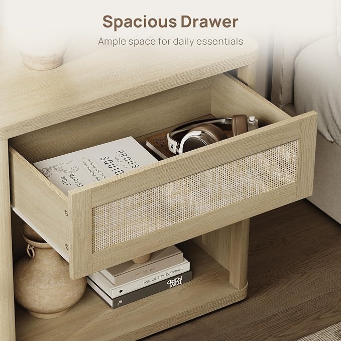SICOTAS Night Stand Set of 2 26" Wide Large Nightstands with Drawer & Shelf Storage Rattan Bedside Table Boho End Table Tall Bed Side Tables Night Stands for Bedroom Living Room Sofa Office, Sand Oak