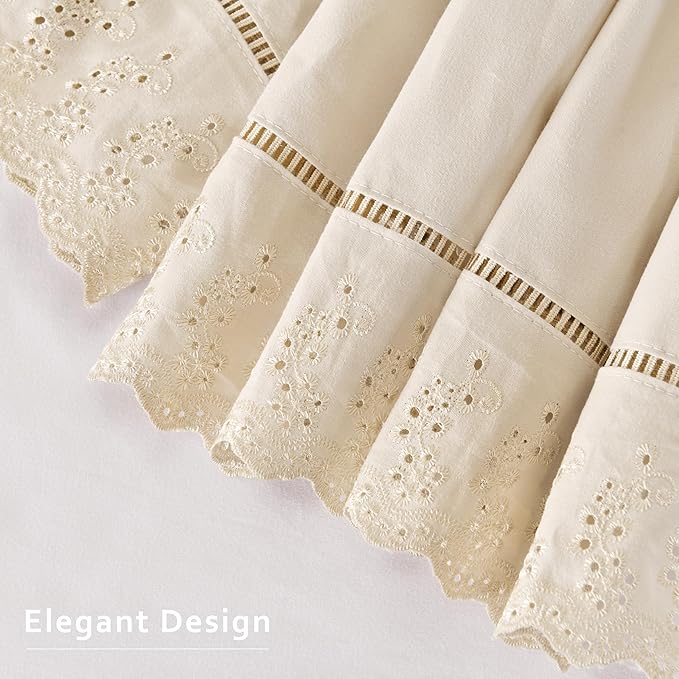 MIYE Wrap Around Ruffled Lace Bed Skirt, Elastic Dust Ruffle with Adjustable Belts, Easy to Put On, Bed Frame Cover, Machine Washable (Embroidered/Light Beige, King/Queen-12.5" Drop)