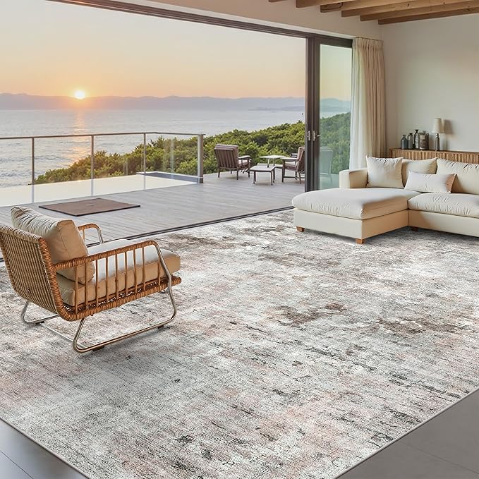 9x12 Area Rugs for Living Room, Non Slip Machine Washable Vintage Rugs, Low Pile Lightweight Large Rug for Bedroom, Dining Room, Home Office Grey Pink