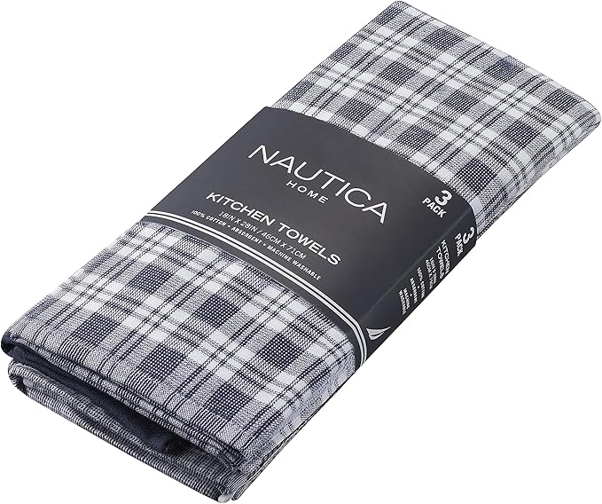 Nautica 100% Cotton Kitchen Towels | Super Absorbent Reusable Cleaning Cloths, Tea Towels, Hand Towels for Drying Dishes | Set of 3 | 18" X 28" | Navy/White Plaid