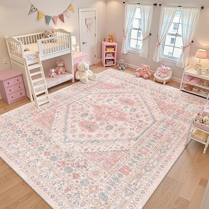 zesthome 10x12 Area Rugs for Girls Bedroom, Low Pile Machine Washable Rugs, Vintage Large Pink Rugs, Stain Resistant Nursery Room Rug, Baby Crawling Rug (Pink/Blue,10'x12')