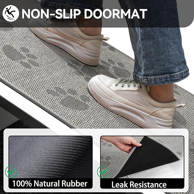 Door Mat Indoor Entrance 24"x35", 0.16" Thin Paw Print Low Pile Doormat, Non Slip Welcome Mat, Trap Dirt and Moisture, Easy Clean, Gray