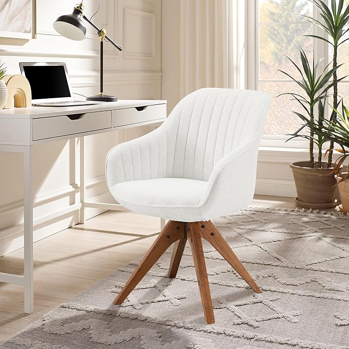 Zouron Mid Century Modern Accent Chair with Wooden Legs, Upholstered Swivel Chair No Wheels, Side Accent Armchair Vanity Chair for Small Space Home Office Living Room Bedroom, Beige