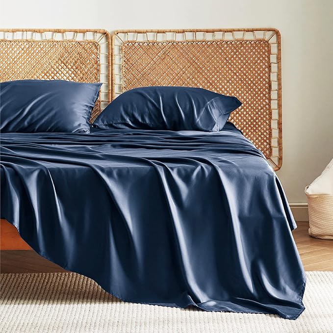 Bedsure Cooling Sheets Twin XL, Rayon Derived from Bamboo, Breathable & Soft Twin XL Sheet Sets, Deep Pocket Up to 16 Inches, Hotel Luxury Silky Dorm Bedding for Hot Sleepers, Navy