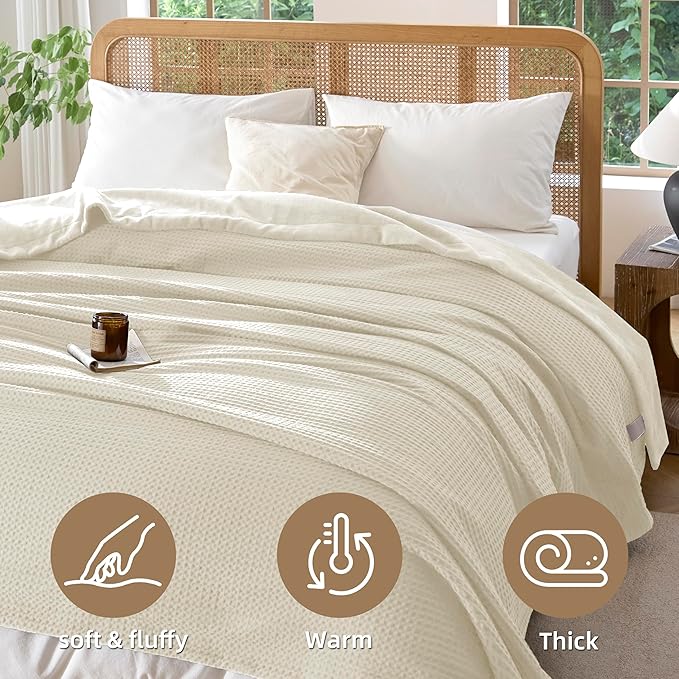 CHUFFED Cotton Waffle Blanket King Size - Plush Milk Velvet & Reversible Waffle Weave,Anti-Static 300Gsm Design，Thick Cozy Soft Winter Blanket for Bed, Couch, Sofa - Beige, 104x90 Inches