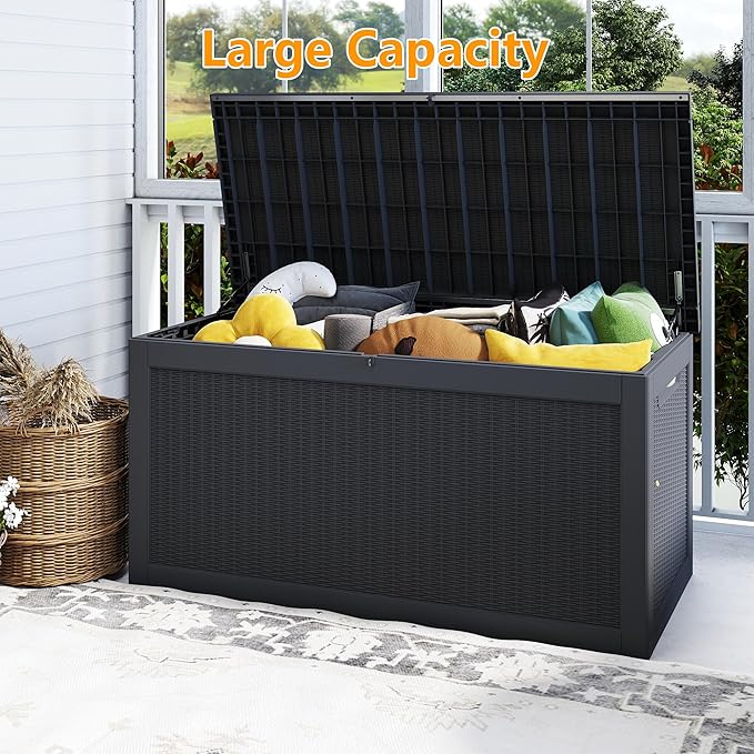 320 Gallon Outdoor Storage Box Waterproof, Resin Deck Boxes with Lockable Lid & UV-Resistant for Patio, Pool, Garden Furniture Cushions & Accessories, Black