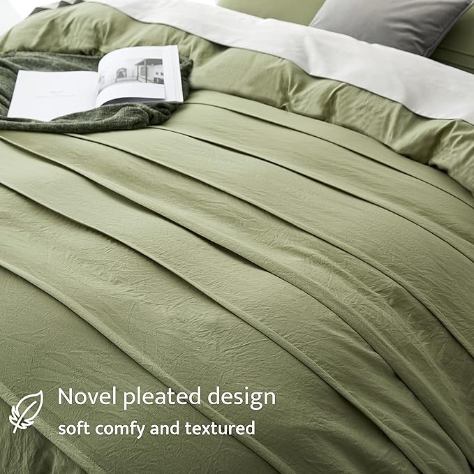 Oli Anderson Sage Green Duvet Cover King Size - Pleated King Duvet Cover, 3PCS Soft and Breathable Textured Bedding Set with Zipper Closure(Sage Green,104"x90")