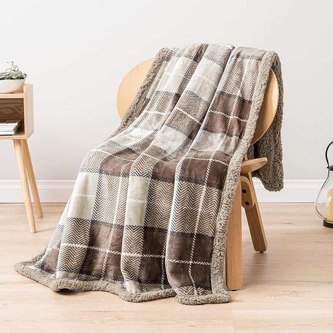Pavilia Taupe Plaid Sherpa Throw Blanket - Plus Plush Flannel Fleece Blanket - Warm Cabin Sofa Bed Winter Throws 50x60