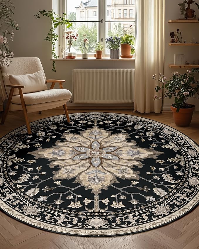 Area Rugs 7ft Washable Non-Slip, Floral Vintage Distress Print Pattern Medallion Carpet for Living Room Bedroom Dining Room, Black Brown Neutral Dark Tan