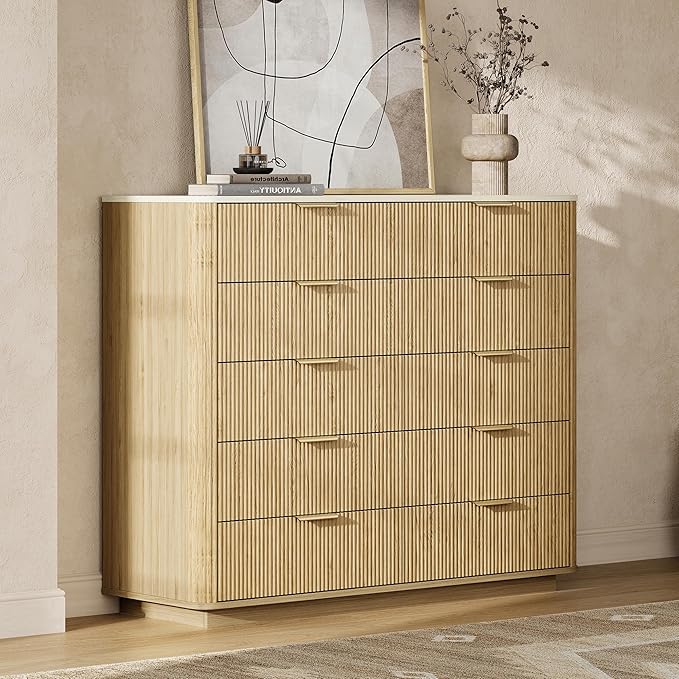 Fluted Drawers Dresser for Bedroom with 10 Drawers, 42'' Wide Mid Century Dressers with Faux Marble Top & Metal Handle, Wooden Chest of Drawers TV Stand, Natural Wood Closet Storage Organizer,Oak