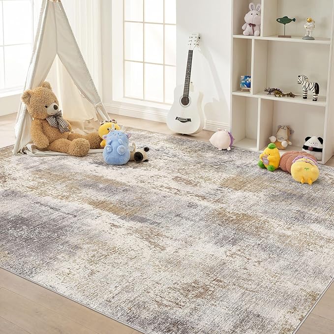 Area Rug Living Room Rugs - 6x9 Washable Soft Indoor Neutral Modern Abstract Low Pile Rug Carpet for Bedroom Dining Room Farmhouse Home Office - Brown Grey