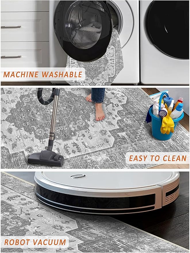 vivorug Grey Runner Rug 2x10 Machine Washable Rug with Non-Slip Backing, Ideal for Kitchen Hallway Entryway Laundry Room - Vintage Floral, Durable, Easy Clean, Low Pile Carpet Runner