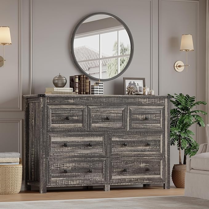 7-Drawer Dresser, Modern Wooden Storage Chest of Drawers, Dresser TV Stand, Wood Drawer Organizer with Metal Handles for Bedroom, Living Room, Hallway