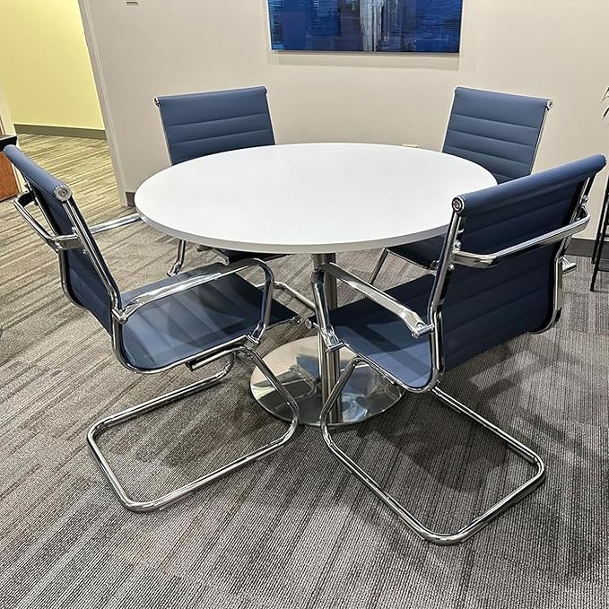 Wahson Office Guest Chairs Set of 4, Leather Reception Chairs, Mid Back Waiting Room Chair, Conference Chairs with Sled Base, Desk Chair No Wheels for Meeting/Lobby/Restroom, Navy Blue
