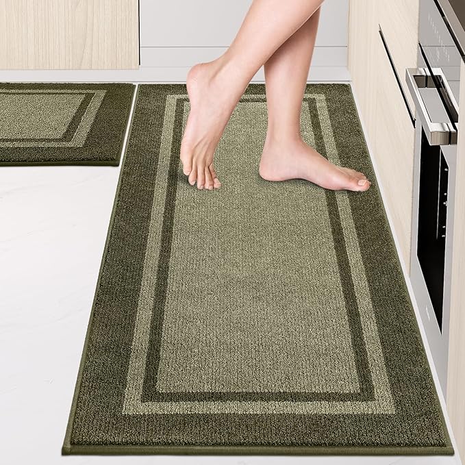 Kitchen Rugs Set (24" x 36"+24" x 60"), Non-Slip Machine Washable Kitchen Runner Rugs, Absorbent Comfort Standing Mats for Kitchen, Laundry and Hallway, Rolled Packaging, Budding Green & Sage Green