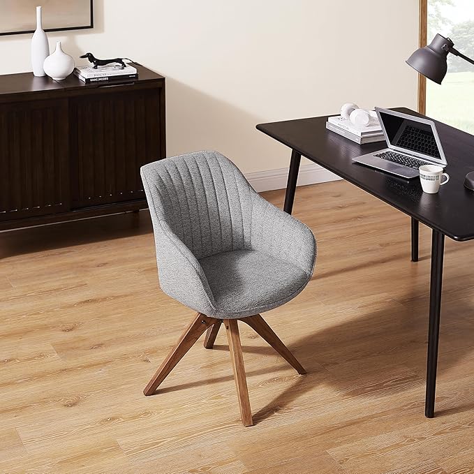 Zouron Mid Century Modern Accent Chair with Wooden Legs, Upholstered Swivel Chair No Wheels, Side Accent Armchair Vanity Chair for Small Space Home Office Living Room Bedroom, Light Grey