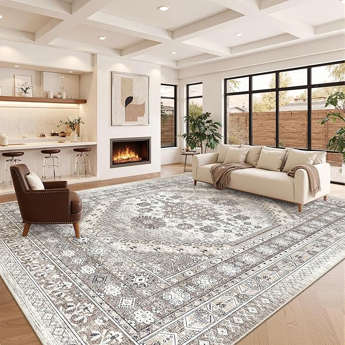 zesthome 10x14 Area Rugs,Stain Resistant Washable Rug,Ultra-Thin Rugs for Living Room,Bedroom,Non-Slip Backing Home Decor Large Area Rug (Brown/Beige,10'x14')