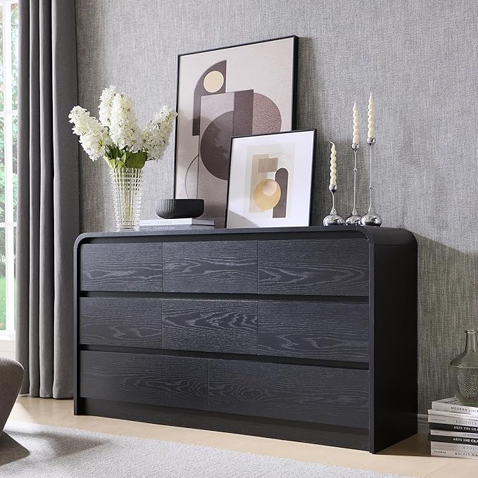 Modern 8 Drawers Dresser for Bedroom, 55" Wide Dressers & Chest of Drawers w/Curved Profile Design, Wood Mid Century Storage Dressers Organizer for Bedroom, Living Room, Black