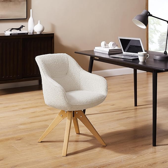 Zouron Desk Chair with Wooden Legs, Swivel Accent Chairs No Wheels, Modern Vanity Arm Chair for Small Space Home Office Living Room Bedroom, Ivory and Natural Wood