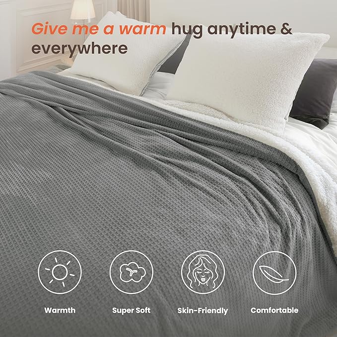 Heated Blanket Electric Blanket Queen Waffle,84x90 Inches Sherpa Fleece Fast Heating Blanket 6 Heating Levels & 10 Hours Auto Off ETL Certification, Grey Queen
