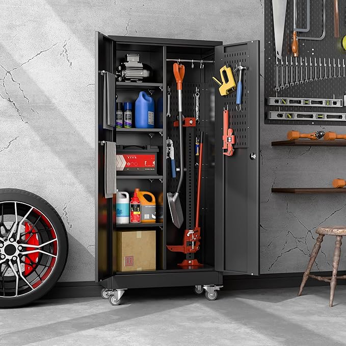 27.6 in Wide Garage Storage Cabinet with Wheels, Metal Storage Cabinet with Pegboards and 4 Adjustable Shelves, Garage Storage System with Lockable Door for Offices, Gyms and Pantries, Black