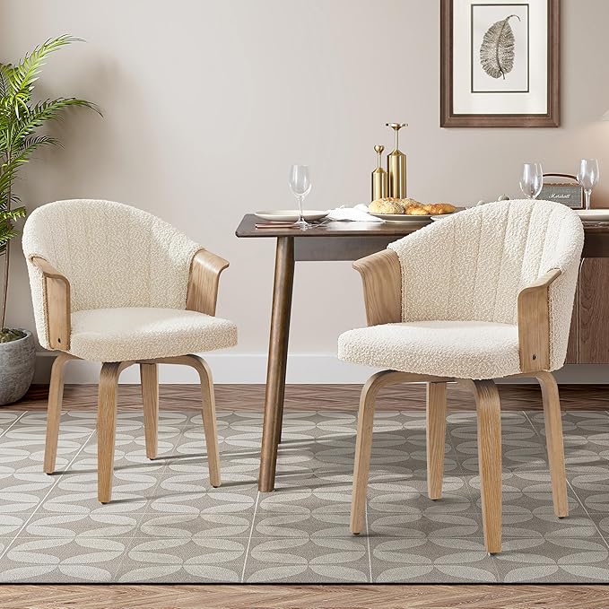 Art Leon Swivel Dining Chairs - Mid Century Modern Boucle Fabric Upholstered Kitchen Dining Room Chairs, Accent Desk Chairs with Wood Legs, Set of 2, Off White/Natural Oak