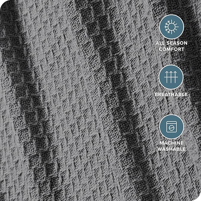 Bare Home Grey Waffle Blanket, Full/Queen 90Wx90L, 100% Cotton, Soft & Breathable Throw for All Seasons, Lightweight Blanket, Perfect for Layering Bed, Sofa & Couch (Full/Queen, Grey)