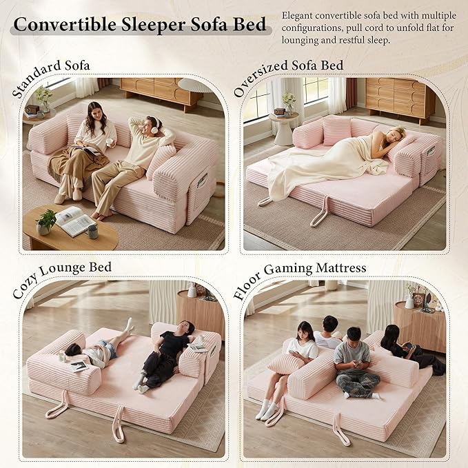 Boneless Couch Folding Couches for Living Room Sofa, Futon Sofa Bed with Sleeper Sofa, Futon Couch with Fixed-Shape Oversized Corduroy Upholstered (Pink, 81 Inches)