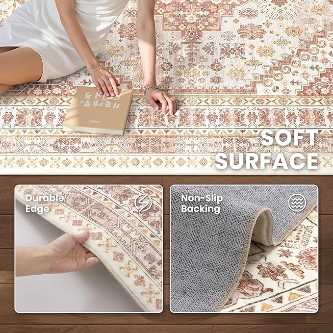 zesthome 9x12 Area Rugs for Living Room,Non-Slip Backing Washable Rugs,Vintage Large Area Rug，Stain Resistant Home Decor Rug